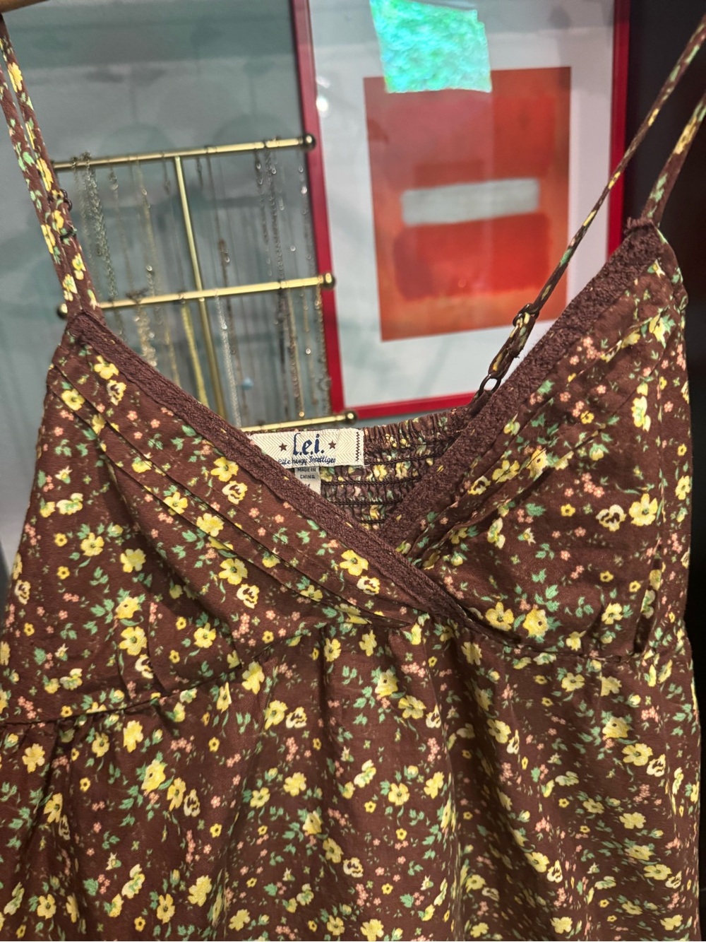 Vintage early 2000’s Y2K L.E.I. Brown Floral Ditsy Spaghetti Strap Sundress 💐 - Picture 3 of 6